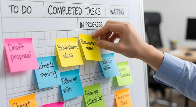 Kanban board with tasks in progress A visual workflow system for task management and organization photo