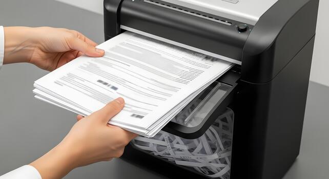 Efficiently destroying private business documents with a powerful paper shredder, ensuring data security and confidentiality in a professional office setting photo