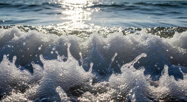 Dynamic ocean waves crashing close-up, illuminated by the shimmering sunlight reflecting on the water's surface, creating a powerful and refreshing natural spectacle with sparkling foam photo