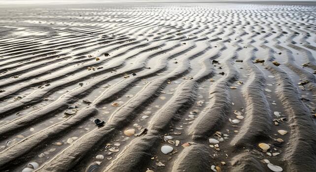 Intricate ripple patterns in wet sand, adorned with scattered shells on a tranquil tidal flat under soft light, showcasing nature's serene coastal artistry photo