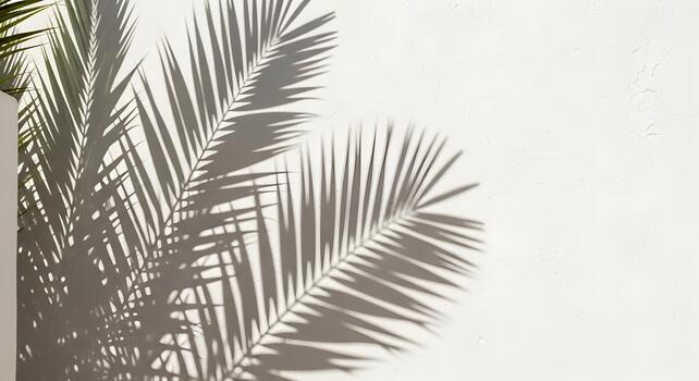Graceful palm leaf shadows dancing on a bright white wall, creating a beautiful tropical abstract pattern that evokes the tranquil essence of a perfect summer day photo