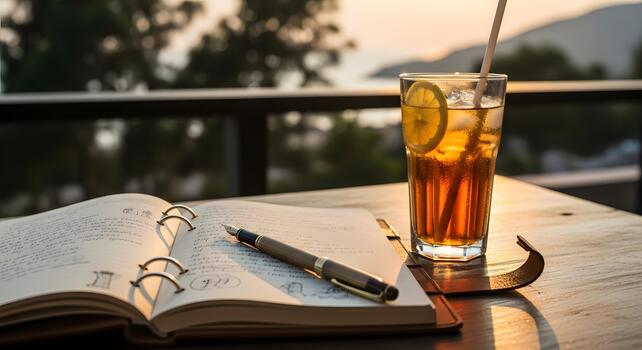 Relaxing Evening with Iced Tea and Journaling at Sunset photo