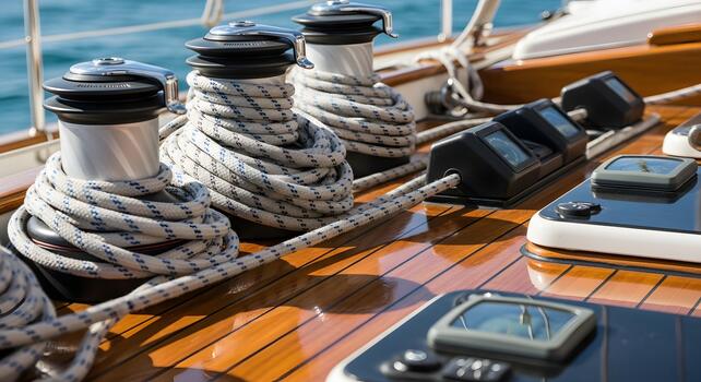 Close-up of a wooden sailboat deck with coiled ropes, winches, and navigational equipment, ready for sailing photo