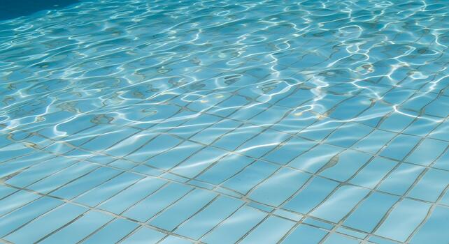 Sunlight creating caustic patterns on the rippling clear blue water of a swimming pool with a tiled floor photo