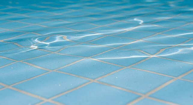 Sunlight creates caustic patterns on the rippling surface of a clear blue swimming pool with a tiled bottom photo