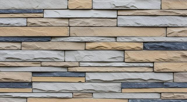 Rustic and Modern Stone Wall Cladding Texture Featuring Stacked Rectangular Blocks in Natural Beige, Grey, and Cream Tones, Creating a Decorative Architectural Background Surface photo