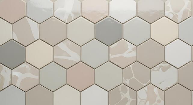 Seamless geometric pattern of hexagonal tiles in subtle, earthy tones with a marbled effect photo