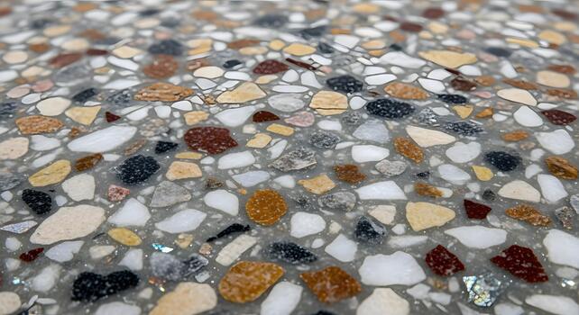 Abstract patterned background with a mosaic of colorful natural stones and pebbles embedded in concrete photo