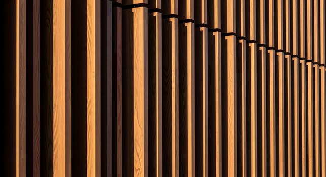 Abstract view of a contemporary building wall featuring an array of meticulously arranged wooden panels, bathed in golden hour light, accentuating the geometric design and rich material texture photo