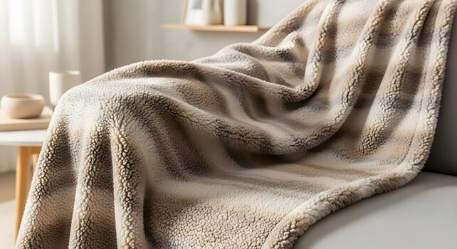 Cozy and plush textured blanket draped over a comfortable sofa, creating a warm and inviting atmosphere photo