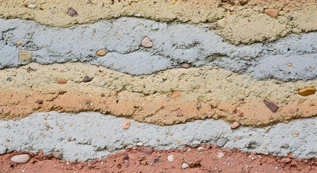 Captivating textured background featuring distinct stratified layers of natural earth tones, creating an organic, rugged wall surface with embedded pebbles and a rustic charm photo