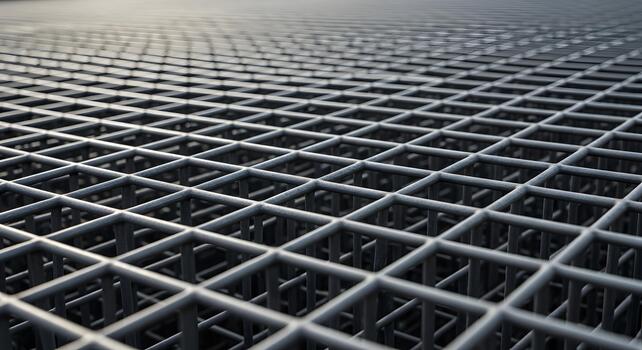 Close-up perspective of a robust metallic grid surface, highlighting its intricate square pattern and industrial texture, creating a modern abstract background photo