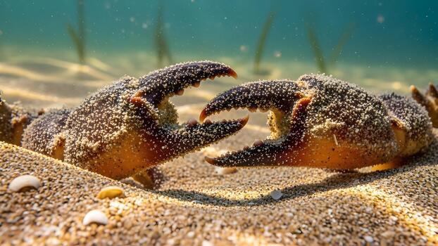 An incredible close-up view of a crab's formidable claws, speckled with sand, emerging from the seabed in a shallow marine ecosystem photo