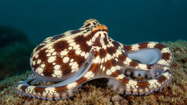 Mesmerizing close-up of a beautifully patterned octopus resting on the ocean floor, its distinct brown and white markings creating a captivating display of marine life photo