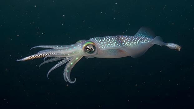 A mesmerizing iridescent squid with brilliant colors gracefully navigates the dark, deep ocean, its bioluminescent patterns creating a stunning spectacle in the mysterious underwater world photo