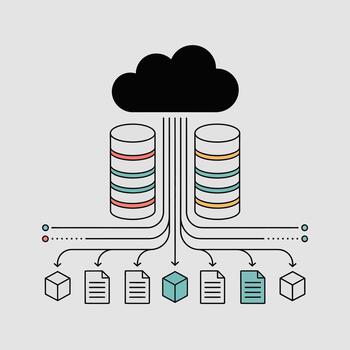 Abstract Data Storage Network Illustration Black Cloud Connected Teal Orange Cylindrical Databases Multiple Documents Cubes Lines vector