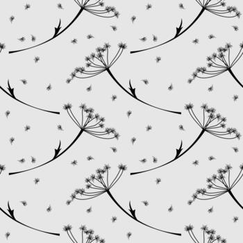 seamless botanical pattern of stems and inflorescences of hogweed or dill, hand-drawn, gray vector
