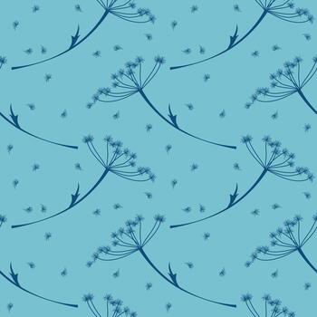 seamless botanical pattern of stems and inflorescences of hogweed or dill, hand-drawn, blue background vector