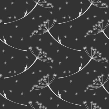 seamless botanical pattern of stems and inflorescences of hogweed or dill, hand-drawn, black background vector