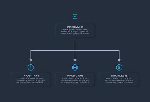 neumorfo diagrama de flujo oscuro infografía. creativo infografía con 3 procesos. vector