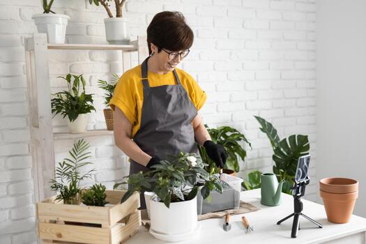 blogger sits in front of smartphone camera on tripod records instructional tutorial for her blog shoots process of replanting flowers and green plants full of soil enjoys botanic hobby photo