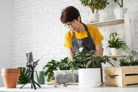 Woman blogger standing in front of smartphone camera on tripod records instructional tutorial for her blog shoots process of replanting flowers and plants full of soil enjoys botanic hobby. photo