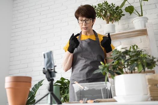 Woman blogger standing in front of smartphone camera on tripod records instructional tutorial for her blog shoots process of replanting flowers and green plants full of soil enjoys botanic hobby photo