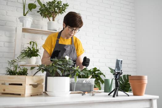 Female blogger standing in front of smartphone camera on tripod records instructional tutorial for her blog shoots process of replanting flowers and green plants full of soil enjoys botanic hobby. photo