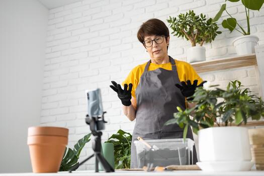 Female blogger in front of smartphone camera on tripod records instructional tutorial for her blog shoots process of replanting flowers and green plants full of soil enjoys botanic hobby photo