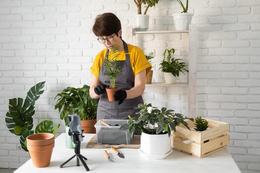 Woman blogger in front of smartphone camera on tripod records instructional tutorial for her blog shoots process of replanting flowers and plants full of soil enjoys botanic hobby, copy space. photo