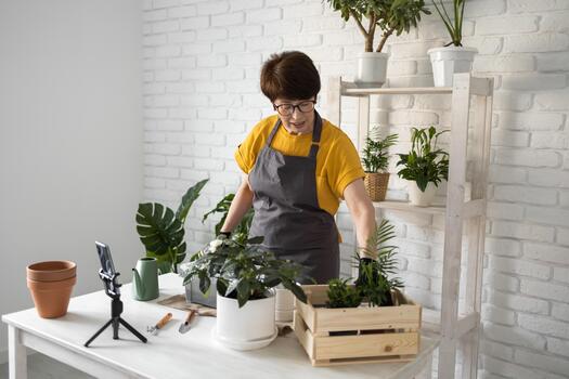 Middle aged female blogger in front of smartphone camera on tripod records instructional tutorial for her blog shoots process of replanting flowers and green plants full of soil enjoys botanic hobby. photo