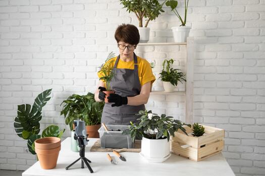 Female blogger stand in front of smartphone camera on tripod records instructional tutorial for her blog shoots process of replanting flowers and green plants full of soil enjoys botanic hobby photo