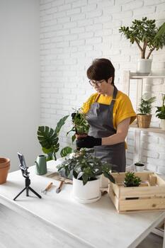 Pretty Middle aged woman blogger in front of smartphone camera on tripod records instructional tutorial for her blog shoots process of replanting flowers and plants full of soil enjoys botanic hobby photo