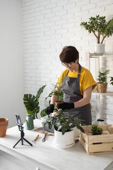 Blogger standing in front of smartphone camera on tripod records instructional tutorial for her blog shoots process of replanting flowers and green plants full of soil enjoys botanic hobby photo