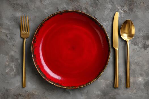 Elegant Red Plate With Golden Utensils Set on a Textured Background for Dining Experience photo