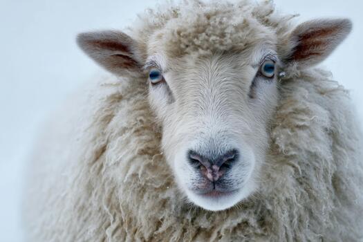Snow-covered Sheep With Thick Wool Stands Calmly in a Winter Landscape. photo
