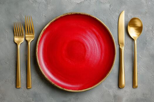 elegante rojo plato conjunto con dorado cuchillería en un gris mesa superficie. foto