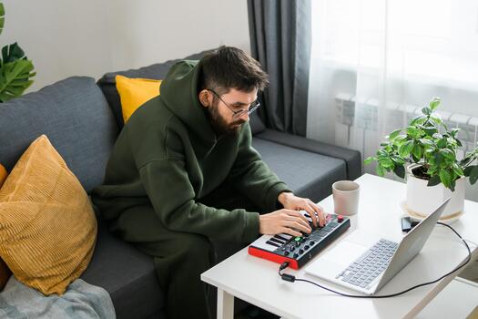 masculino música productor o arreglista utilizando ordenador portátil y midi teclado y otro audio equipo a crear música a hogar estudio. golpear haciendo y arreglando audio contenido y composición canción. foto