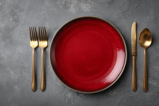 elegante rojo plato conjunto con dorado cuchillería en un gris mesa superficie foto