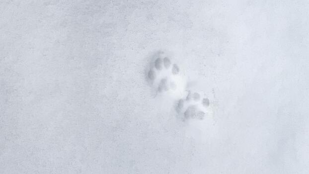 The Interesting abstract white background with footprints of a cat or dog paws on the snow. photo