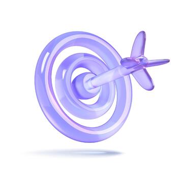 A digital rendering of a purple translucent target with a matching dart perfectly placed in the center. The image symbolizes precision and perfect aim. vector