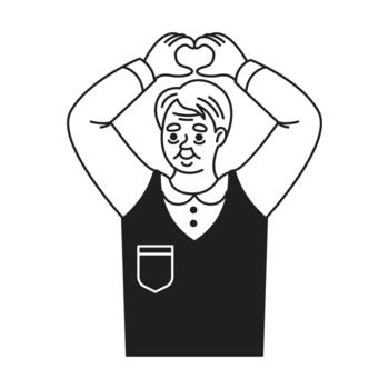 Line drawing of a man in a vest forming a heart shape with hands over head, conveying a message of love and affection, set against simple white background. vector