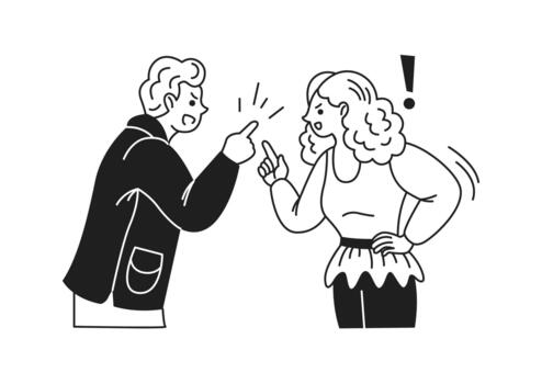 Black and white illustration of a man and a woman engaged in an intense argument. Both are pointing fingers with expressive body language. Minimalistic style. vector