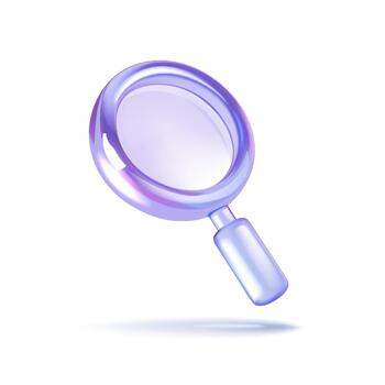 A digital rendering of a magnifying glass with a blue tint. The magnifying glass is suspended over a white background, casting a subtle shadow below. vector
