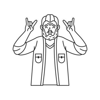 línea Arte de un barbado hombre con cerrado ojos y un Bigote haciendo un cuernos gesto con ambos manos. él usa un camisa y cárdigan con bolsillos vector