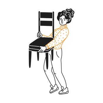 Illustration of a woman in a sweater lifting a chair with a simple and clean design. She is wearing casual pants and sneakers, expressing simplicity and practicality. vector
