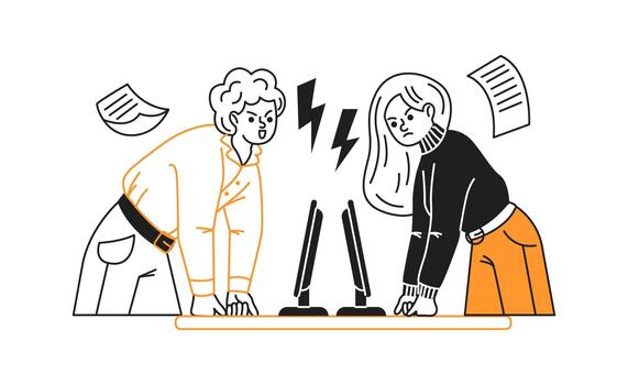 Two office workers engaging in a tense disagreement over computers. The illustration shows determination and focus, set against a minimalistic background. vector