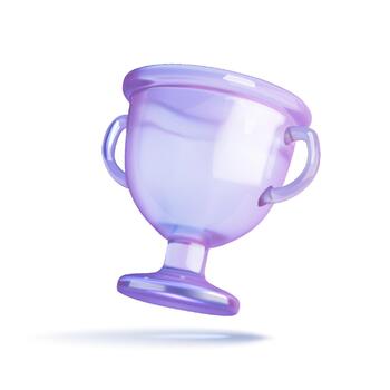 A digitally rendered image of an elegant iridescent trophy cup with a soft reflective surface. The trophy is suspended slightly above a simple white surface casting a delicate shadow. vector