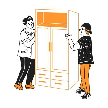 ilustración representa dos individuos trabajando juntos a cambio un espacioso armario. el imagen Destacar trabajo en equipo y colaboración en un Moviente proceso. vector