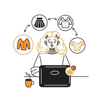 Illustration of a smiling woman shopping online for clothes. She is surrounded by fashion items. Simple and colorful style with a focus on ease of use. vector